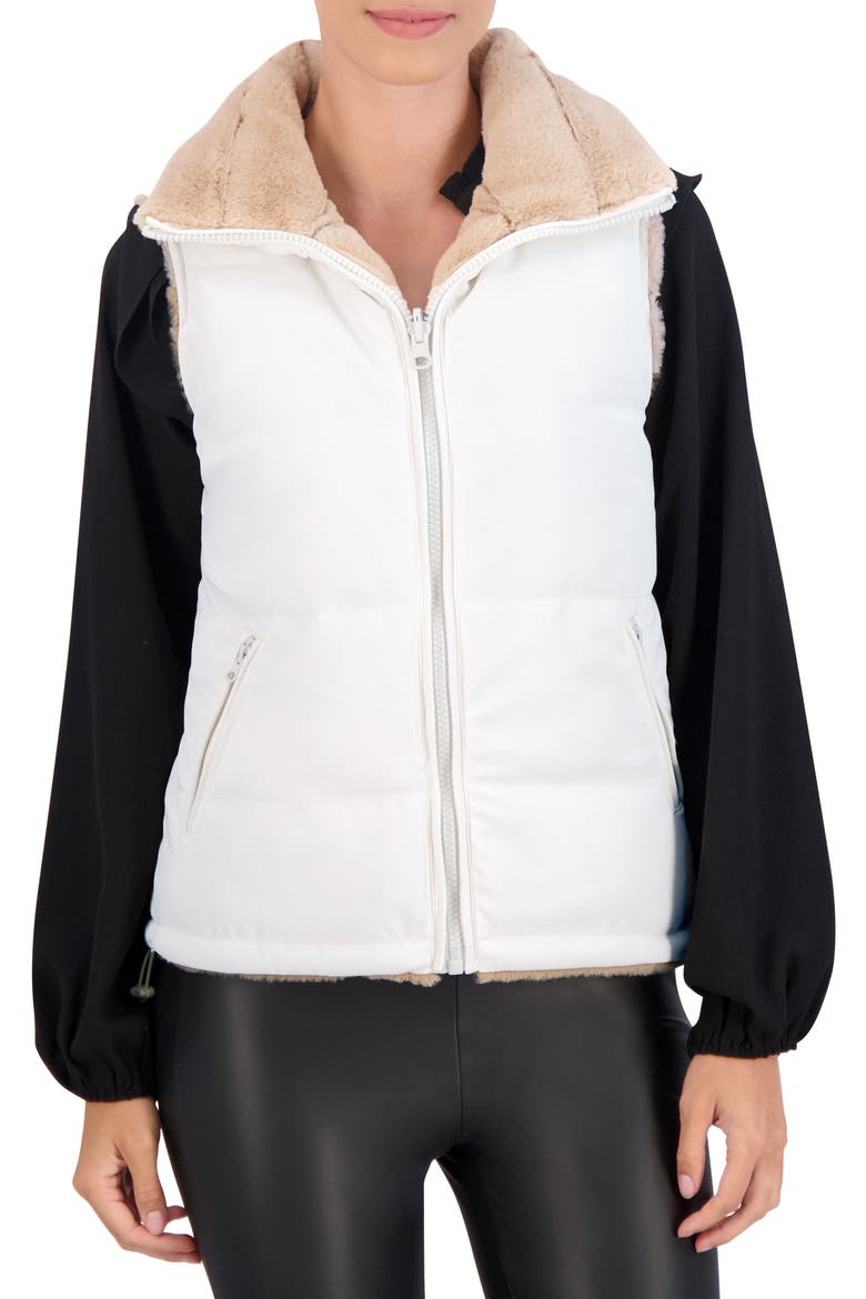 Water Resistant Reversible Faux Fur Puffer Vest, Main, color, IVORY