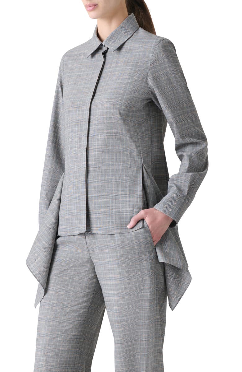 Akris Prince of Wales Plaid Cool Wool Peplum Button-Up Shirt, Alternate, color, Black-Terra