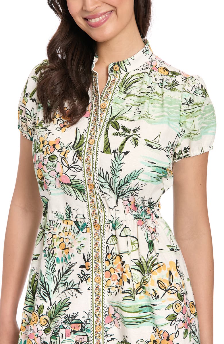 London Times Puff Sleeve Linen Blend Dress, Alternate, color, Cream/ Snap Pea