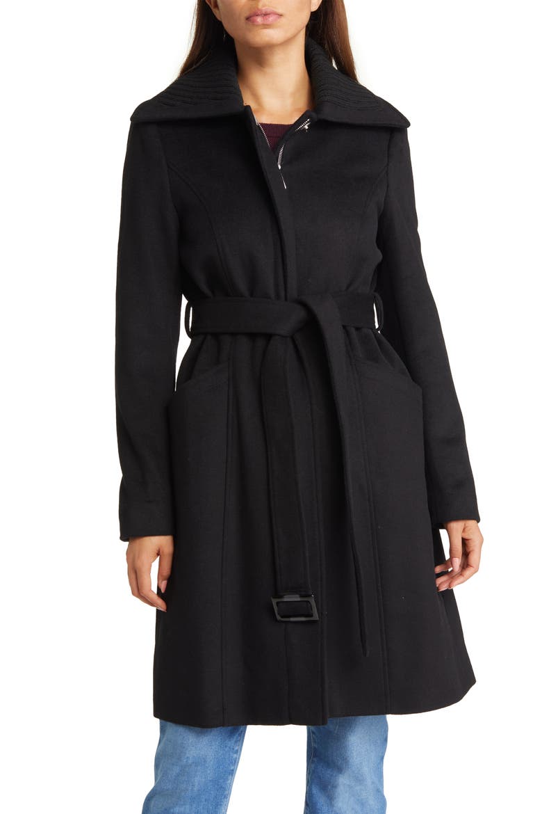 Rib Collar Wool Blend Trench Coat, Main, color, BLACK