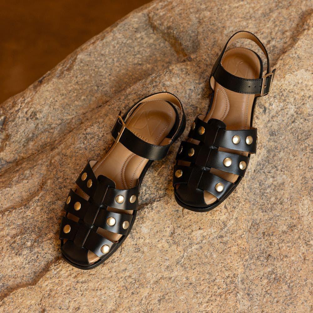 Mira Studded Fisherman Sandal, Alternate, color, Black