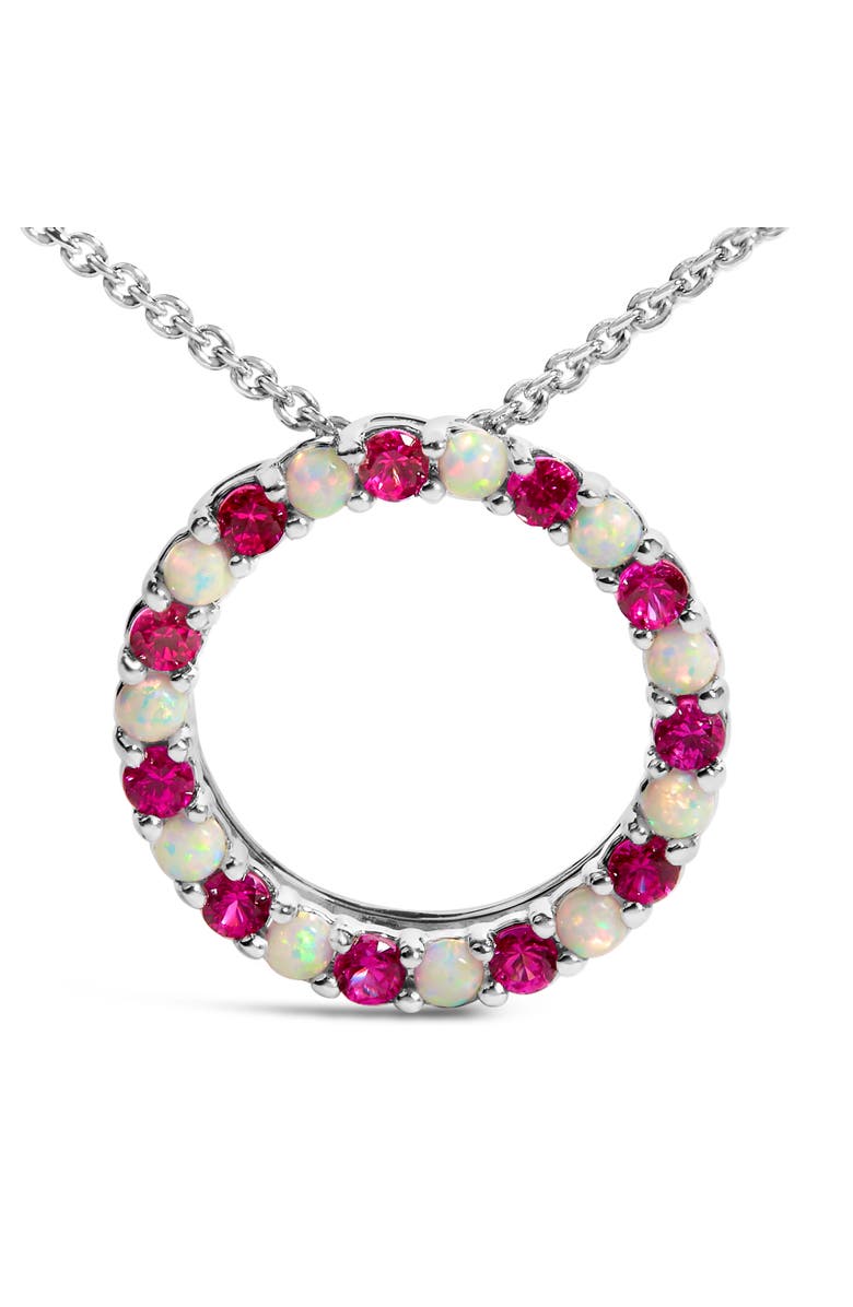 Haus of Brilliance .925 Sterling Silver Alternating Created Red Ruby and Opal Circle Pendant Necklace, Main, color, White