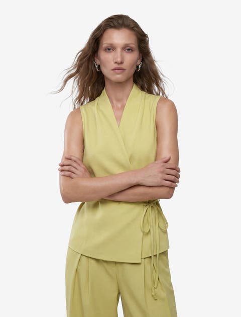 Linen Blend Halter Neck Wrap Blouse With Tie