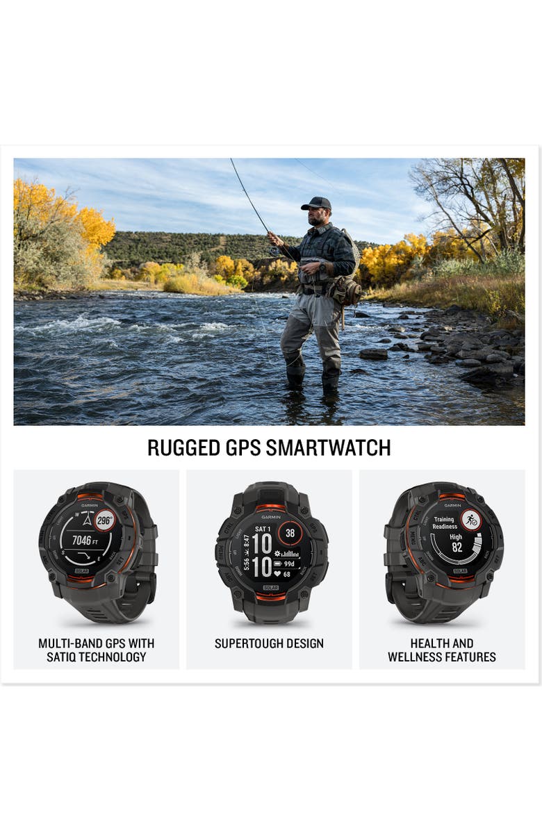 Garmin Instinct 3, 45mm Solar Rugged Outdoor GPS Smartwatch, Black/Black, Alternate, color, Black And Orange
