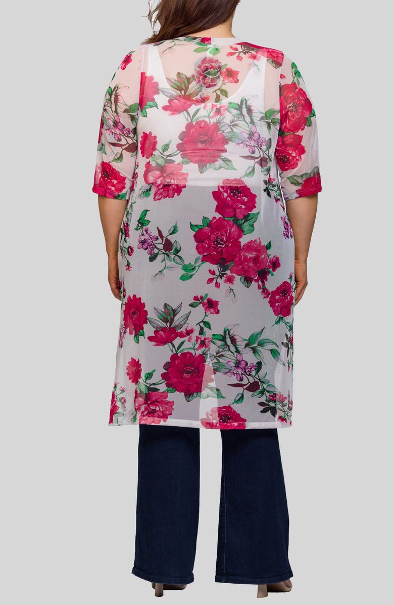 24seven Comfort Apparel Rose Print Sheer Open Front Long Jacket, Alternate, color, White Multi