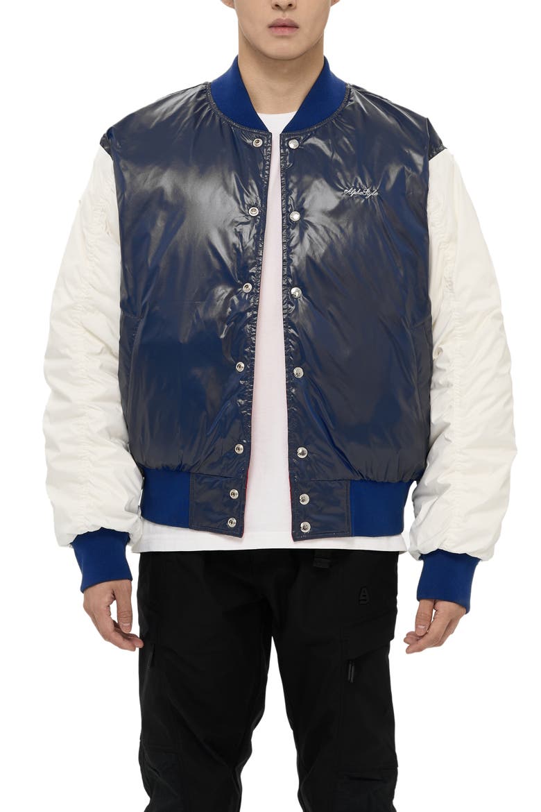 Hamden Mens Reversible Down Varsity Jacket, Main, color, Blue