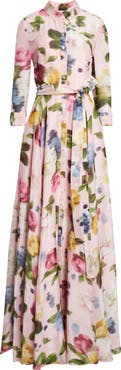 Carolina Herrera Blurred Rose Print Linen & Silk Trench Gown