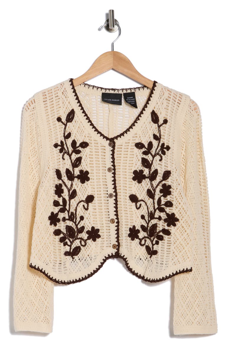 Floral Embroidered Open Stitch Cardigan, Alternate, color, NATURAL/ DARK BROWN