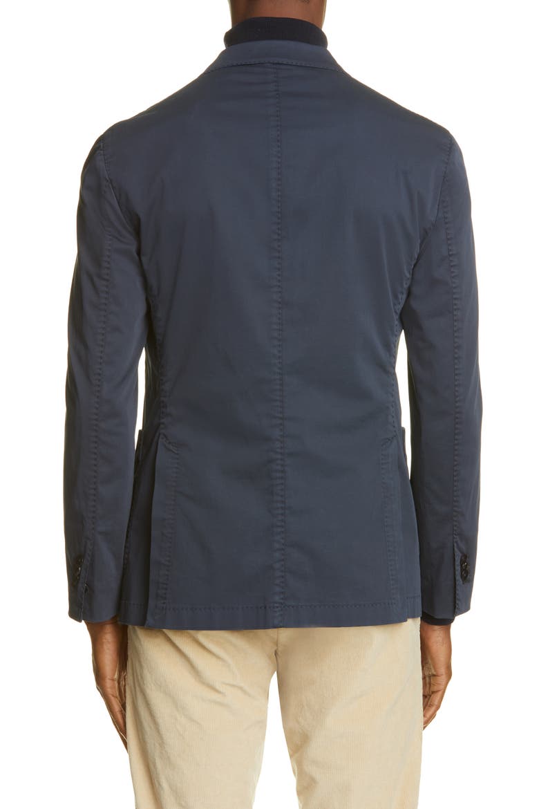 Trim Fit Double Breasted Solid Stretch Cotton Sport Coat, Alternate, color, NAVY