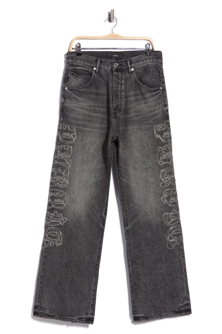 Traced Gothic Wordmark High Waist Relaxed Straight Leg Jeans, Main, color, BLACK
