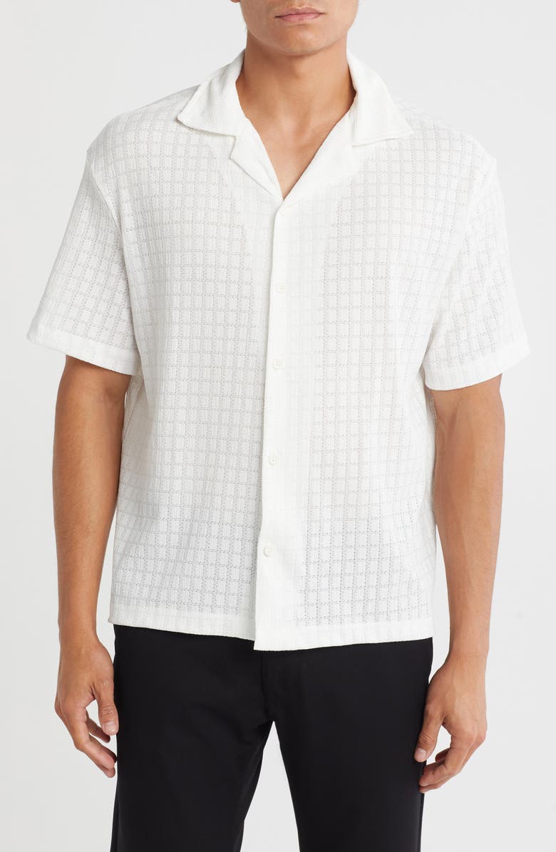 DENIM AND FLOWER Textured Short Sleeve Button-Up Shirt, Main, color, White