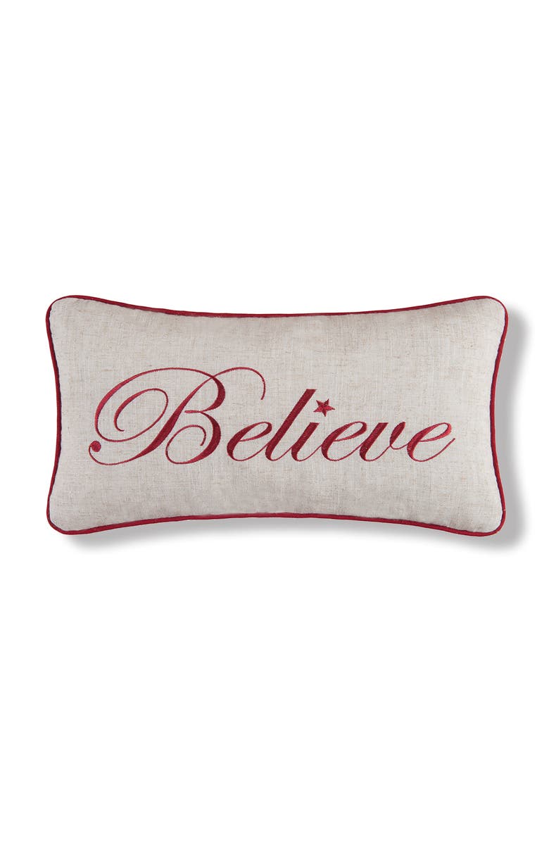 C&F Home "Believe" Cursive Script Cotton Blend Christmas Mini Accent Pillow 10" x 18.5", Main, color, Brown
