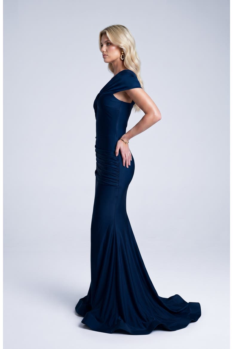 One Shoulder Twist Ruched Mermaid Evening Gown, Alternate, color, Navy