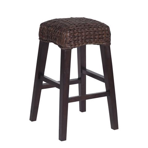 Maui Hyacinth/Wood Backless Stool, Woven Seat with Natural Wood Frame