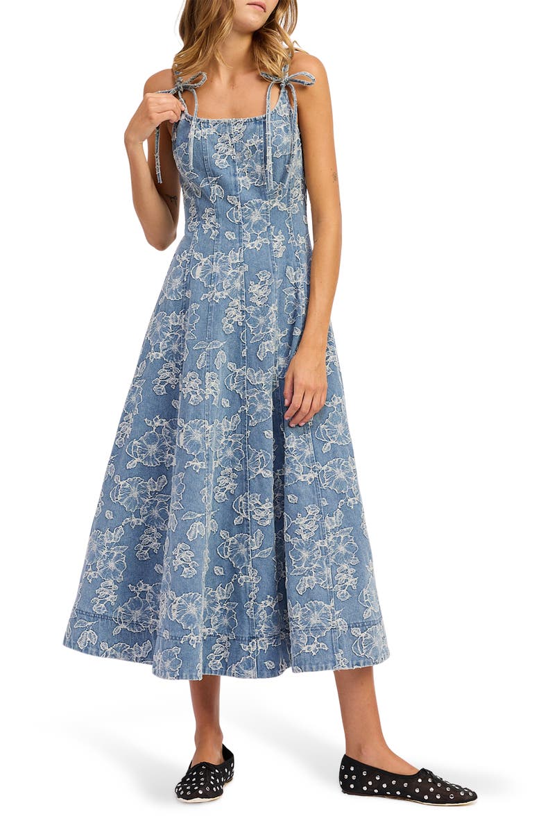 En Saison Opal Embroidered Floral Denim Midi Dress, Main, color, Medium Wash Denim