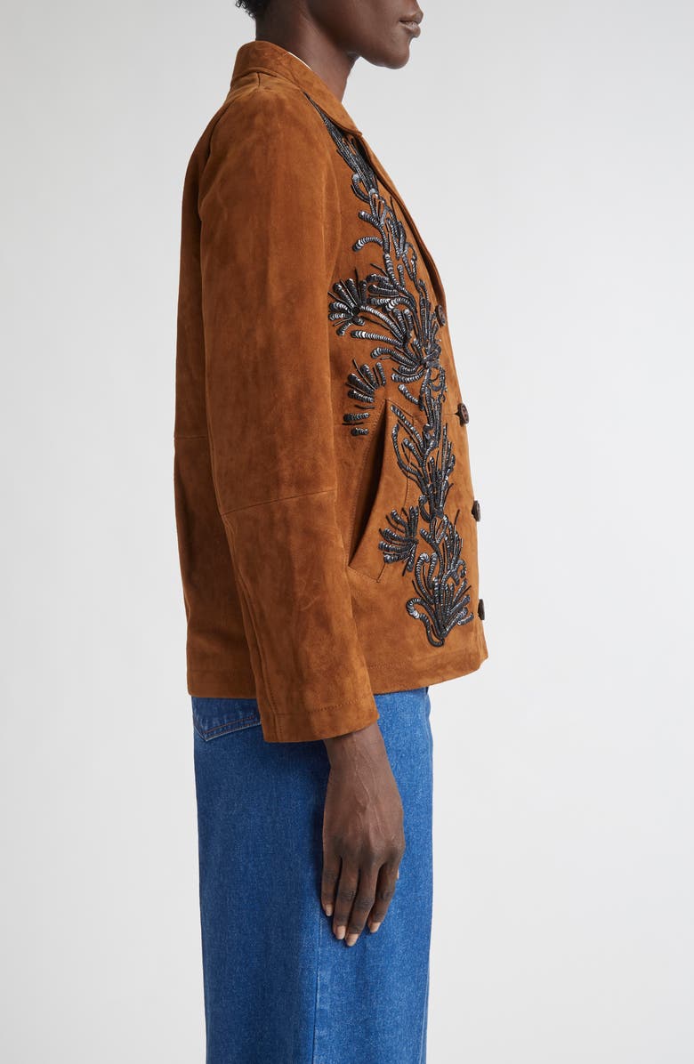 ST. JOHN Ojai Sequin & Bead Embellished Suede Jacket, Alternate, color, Toffee/ Black