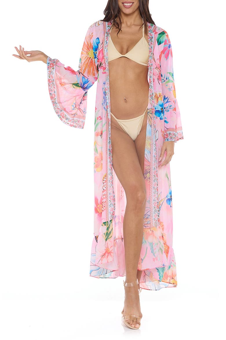 Floral Bell Sleeve Chiffon Duster, Main, color, PINK