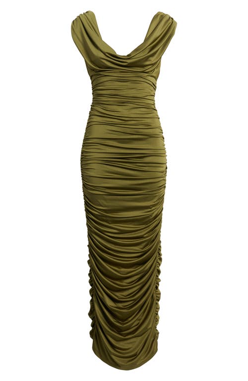 Black Halo Evangeline Ruched Satin Gown In Green