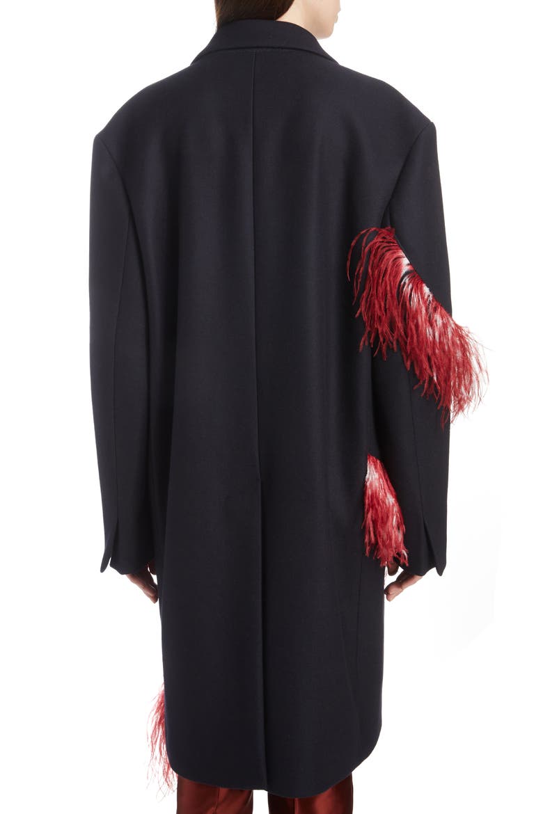 Ostrich Feather Trim Wool Blend Reefer Coat, Alternate, color, NAVY