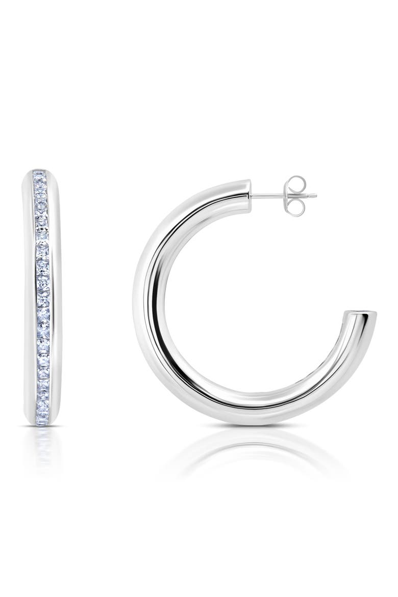 Princess Cut Cubic Zirconia Hoop Earrings, Main, color, PLATINUM