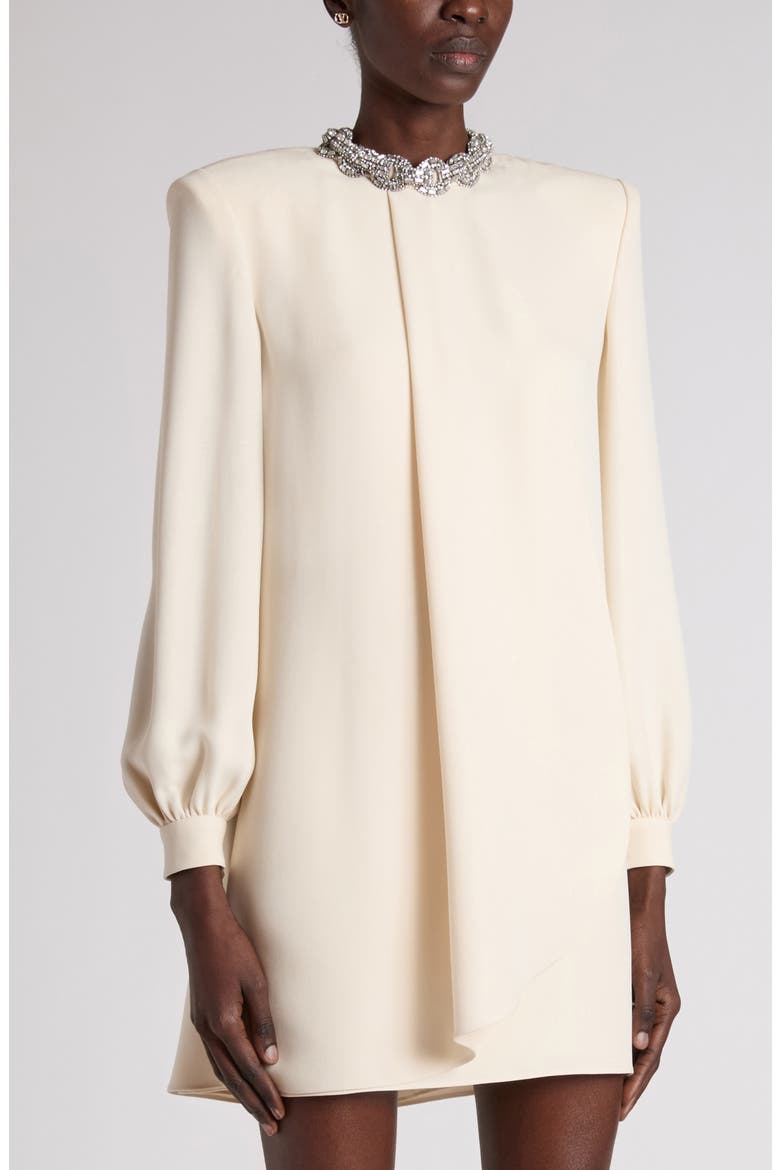 Rhinestone Embellished Long Sleeve Silk Cady Minidress, Alternate, color, VANILLA