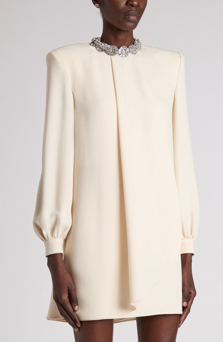Valentino Garavani Rhinestone Embellished Long Sleeve Silk Cady Minidress, Alternate, color, Vanilla
