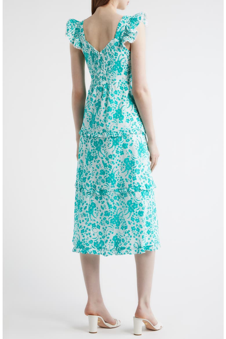 Floral Ruffle Tiered Midi Dress, Alternate, color, CRISPT WHITE/ BERYL GREEN