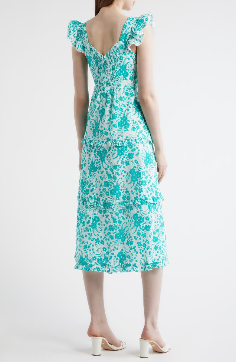 Anne Klein Floral Ruffle Tiered Midi Dress, Alternate, color, Crispt White/ Beryl Green