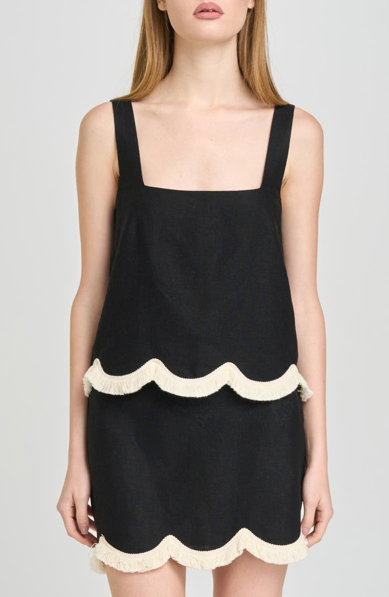 WAYF Encore Fringe Trim Linen Blend Top, Main, color, Black