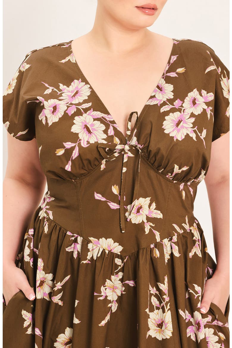 Floral V-Neck Midi Dress, Alternate, color, BROWN FLORAL