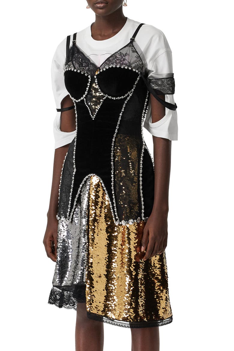 Crystal Embellished Stretch Mesh & Velveteen Corset Top, Alternate, color, BLACK
