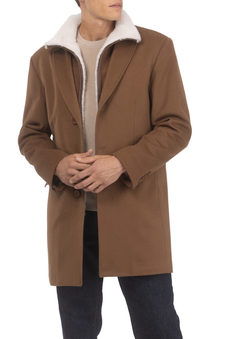 Men's Wool Short Coat Crafted From Loro Piana with Genuine Shearling Trim, Alternate, color, WHISKEY/WHISKEY PATTERN