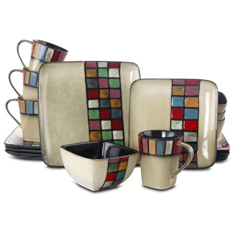 Color Melange 16 Piece Multicolo Square Stoneware Dinnerware Set