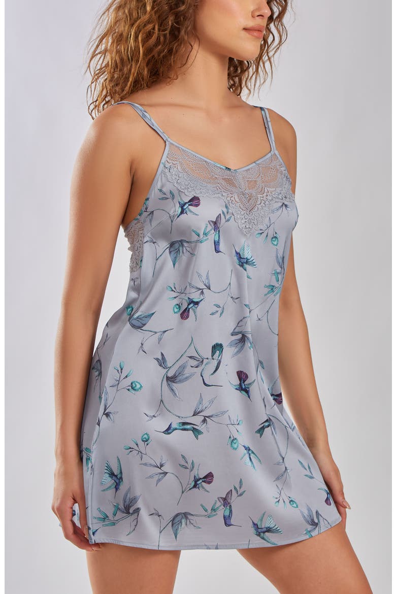Elegant Hummingbird Print Satin Chemise with Lace Accent, Alternate, color, GRAY