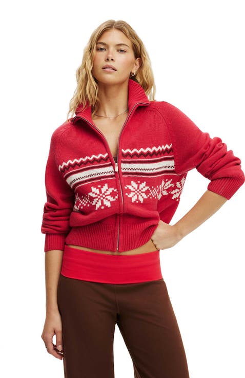 Women's Active Funnel Neck Fairisle Knit Zip Through