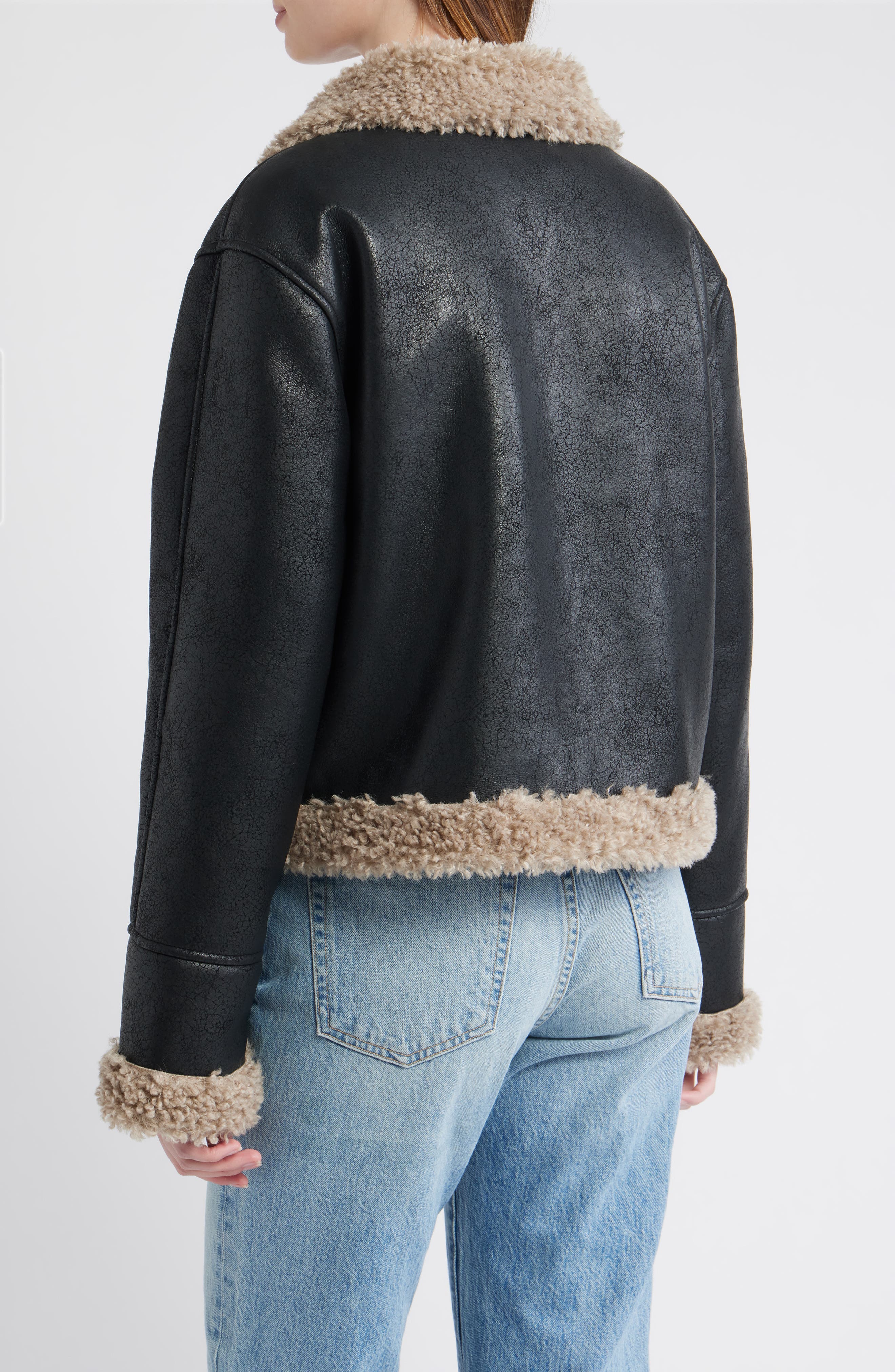 Faux Shearling Trim Faux Leather Jacket - image 2