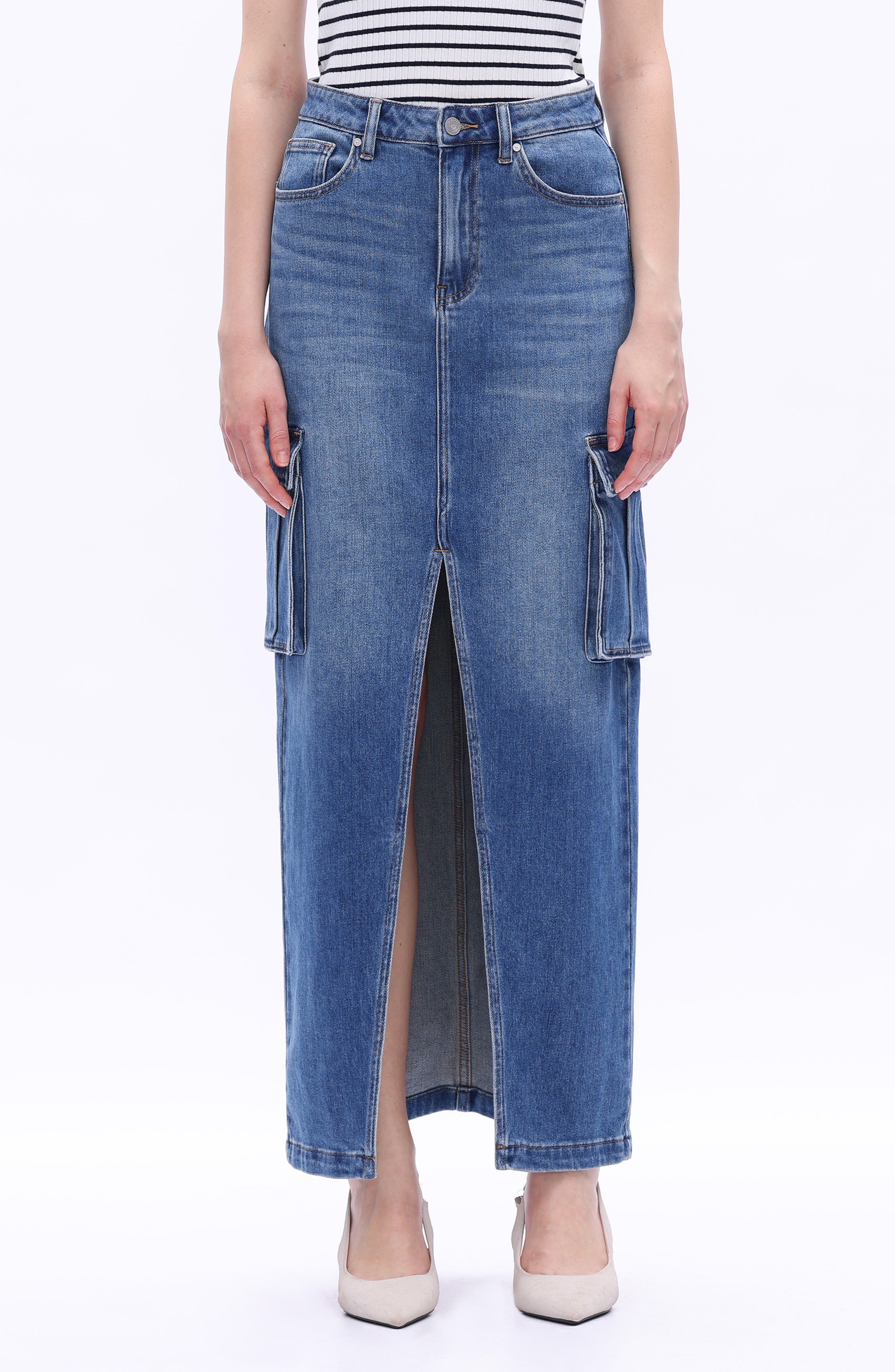 Denim Cargo Maxi Skirt
