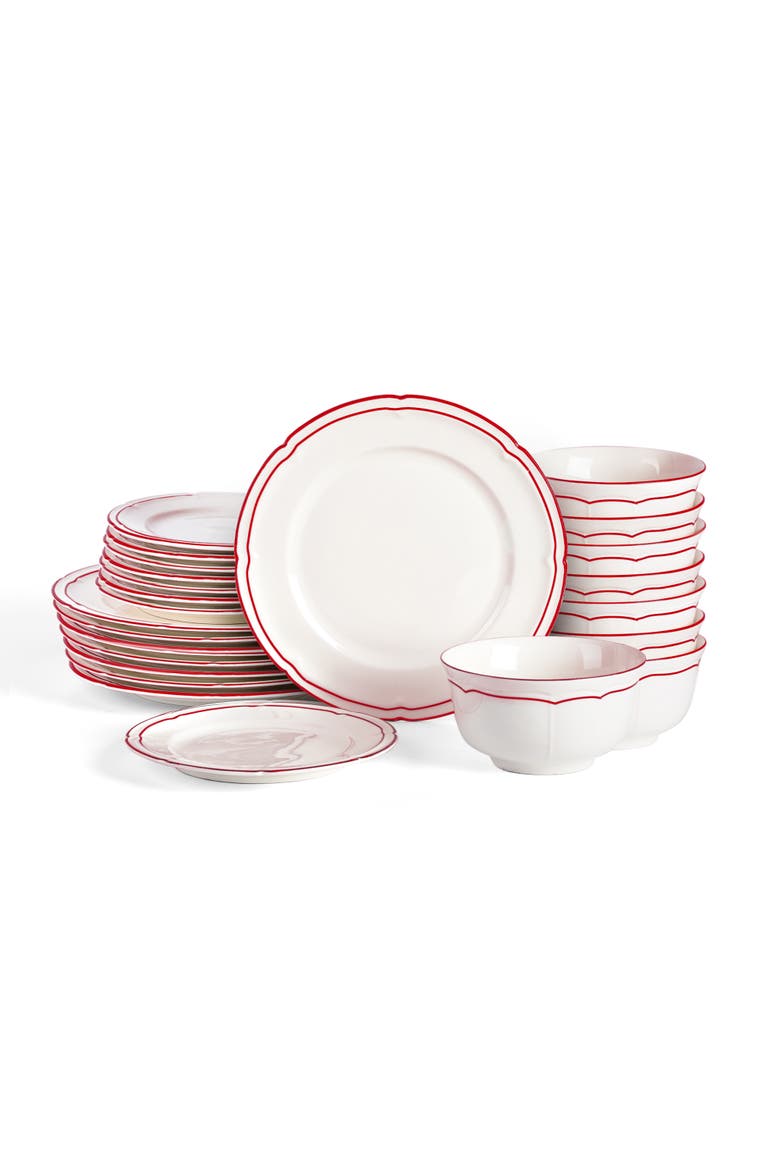 Victory 24-Piece Porcelain Dinnerware Set, Colored Rim, Main, color, Red
