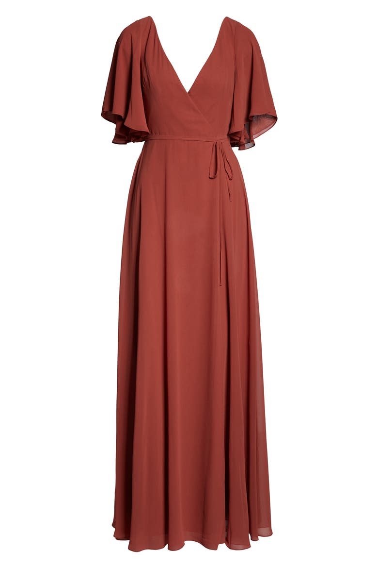 Ari Flutter Sleeve Faux Wrap Evening Gown, Alternate, color, ENGLISH ROSE