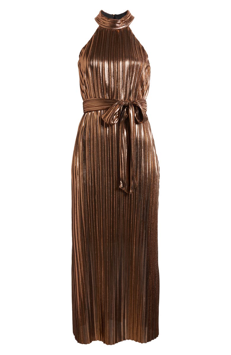 Anne Klein Metallic Plissé Tie Waist Maxi Dress, Alternate, color,