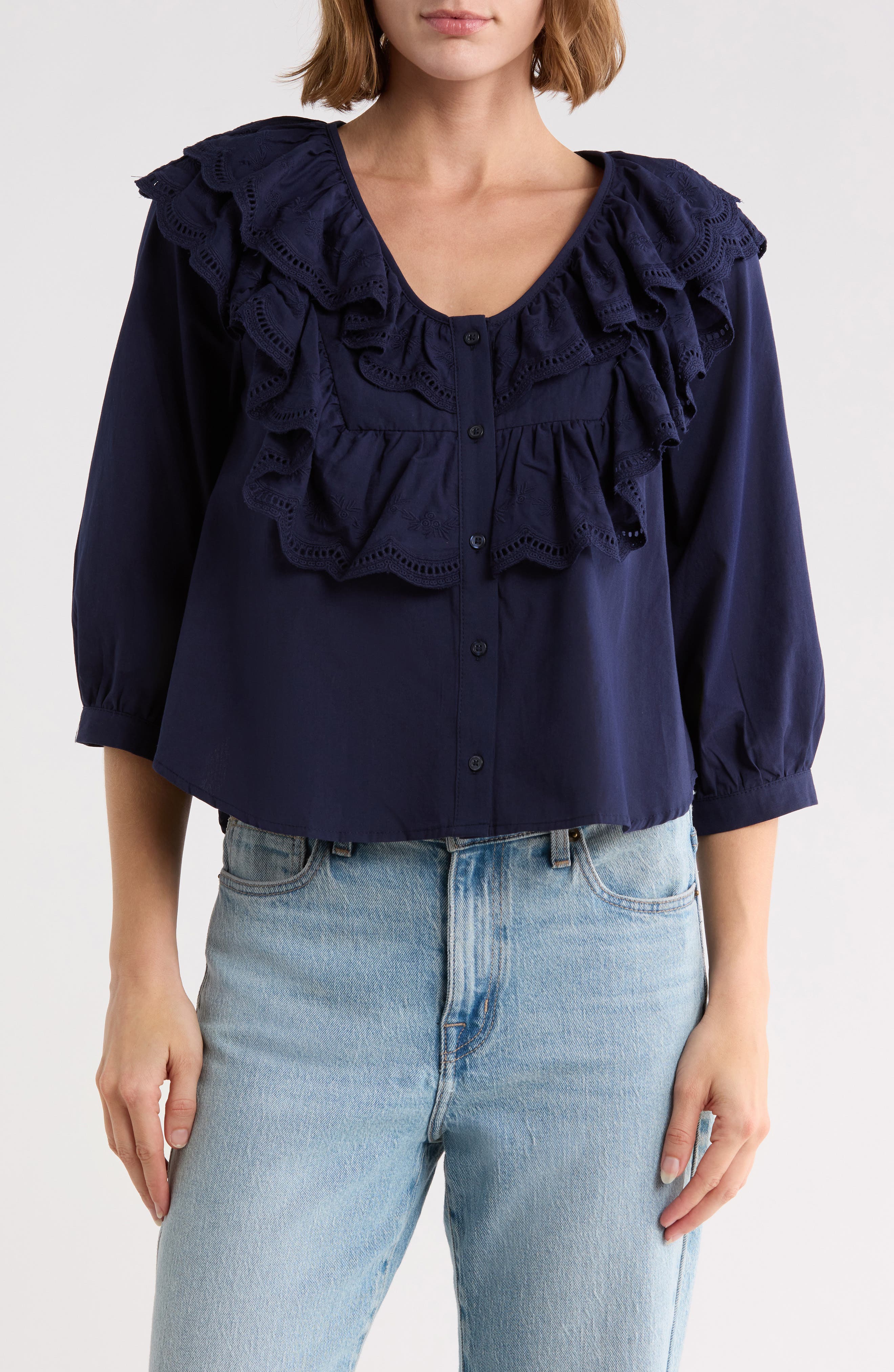 Double Ruffle Collar Button Front Top