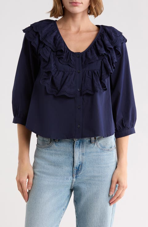 Ruffle Eyelet Cotton Shirt