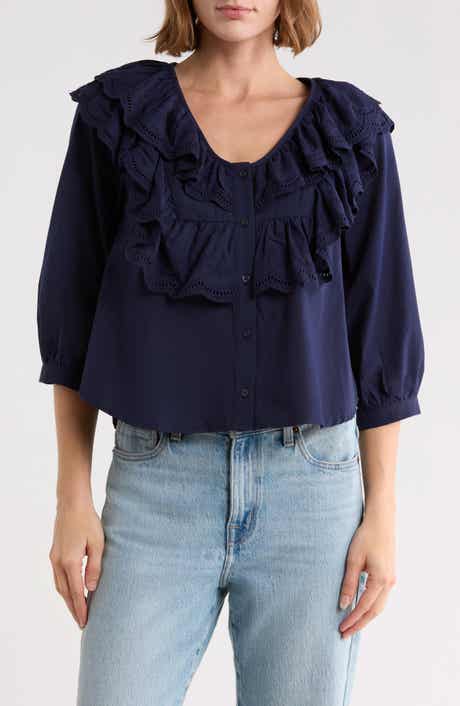 Double Ruffle Collar Button Front Top