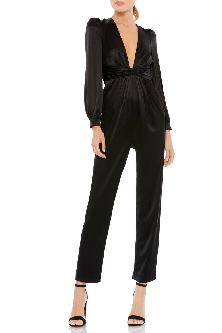 Plunge Neck Long Sleeve Satin Jumpsuit, Main, color, BLACK