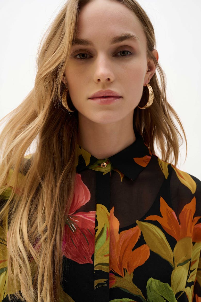 Chiffon Tropical Print Straight Blouse, Alternate, color, Black/Multi