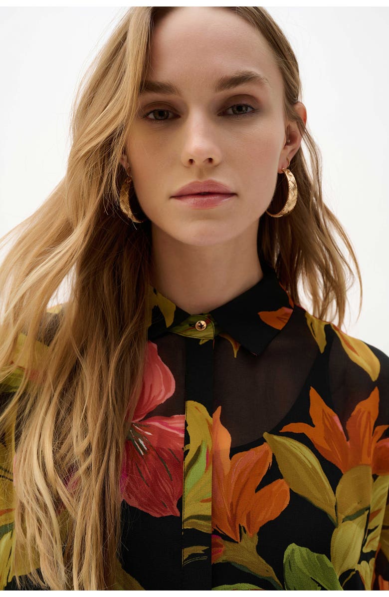 JOSEPH RIBKOFF Chiffon Tropical Print Straight Blouse, Alternate, color, Black/Multi