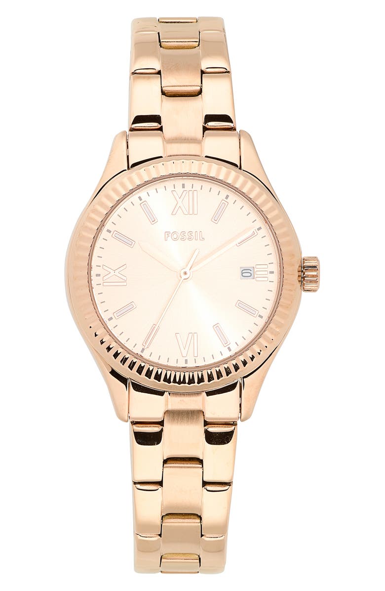 Fossil Rye Rose Gold Tone Bracelet Watch, 30mm, Main, color, Rose Gold