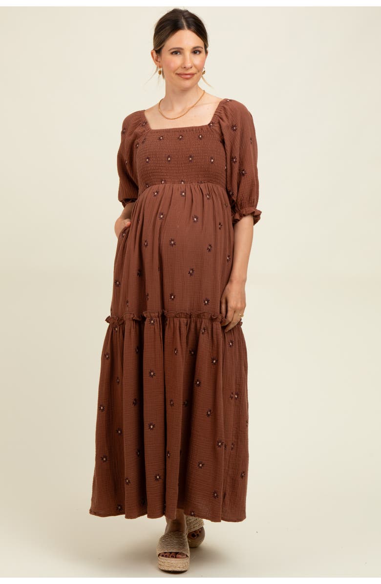 PinkBlush Floral Smocked Puff Sleeve Maxi Dress, Alternate, color, Brown