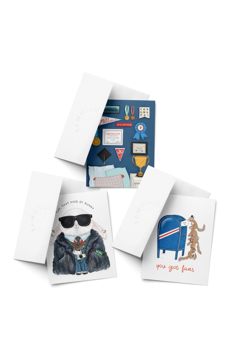 Ramus & Co Celebration/Graduation Assorted Greeting Card Pack (3ct) "Fans, Boss Bunny, Achievements", Main, color, Multi-Pack