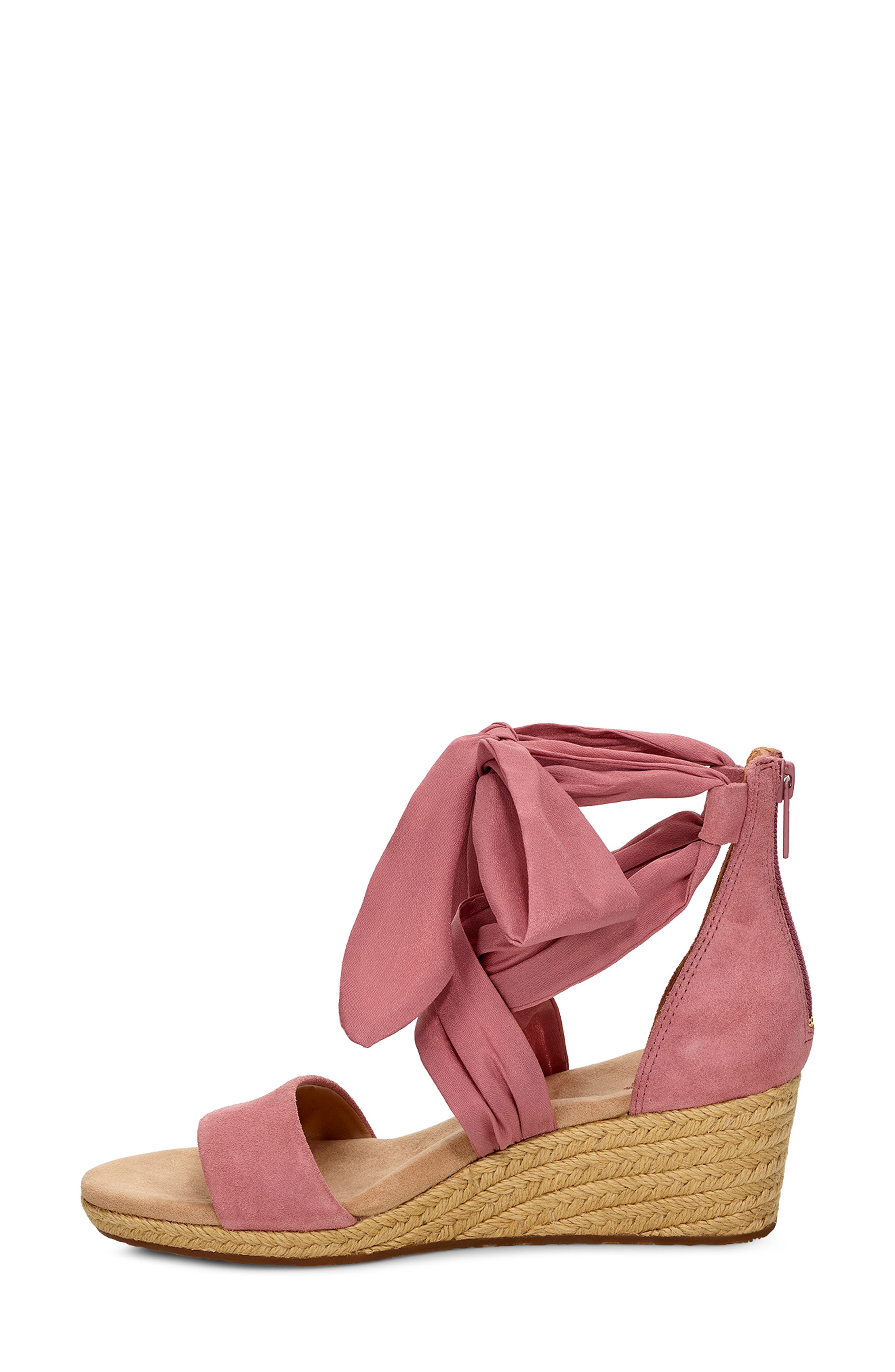 Trina Ribbon Tie Wedge Sandal, Alternate, color, PINK DAWN SUEDE